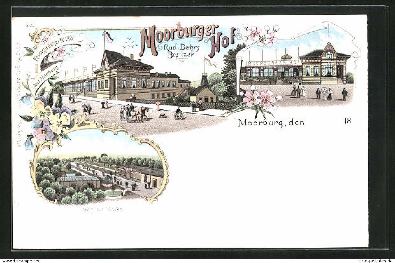 Lithographie Hamburg-Moorburg, Gasthaus Moorburger Hof, Bes. Rud. Behrs, Weg Zur Haake  - Harburg