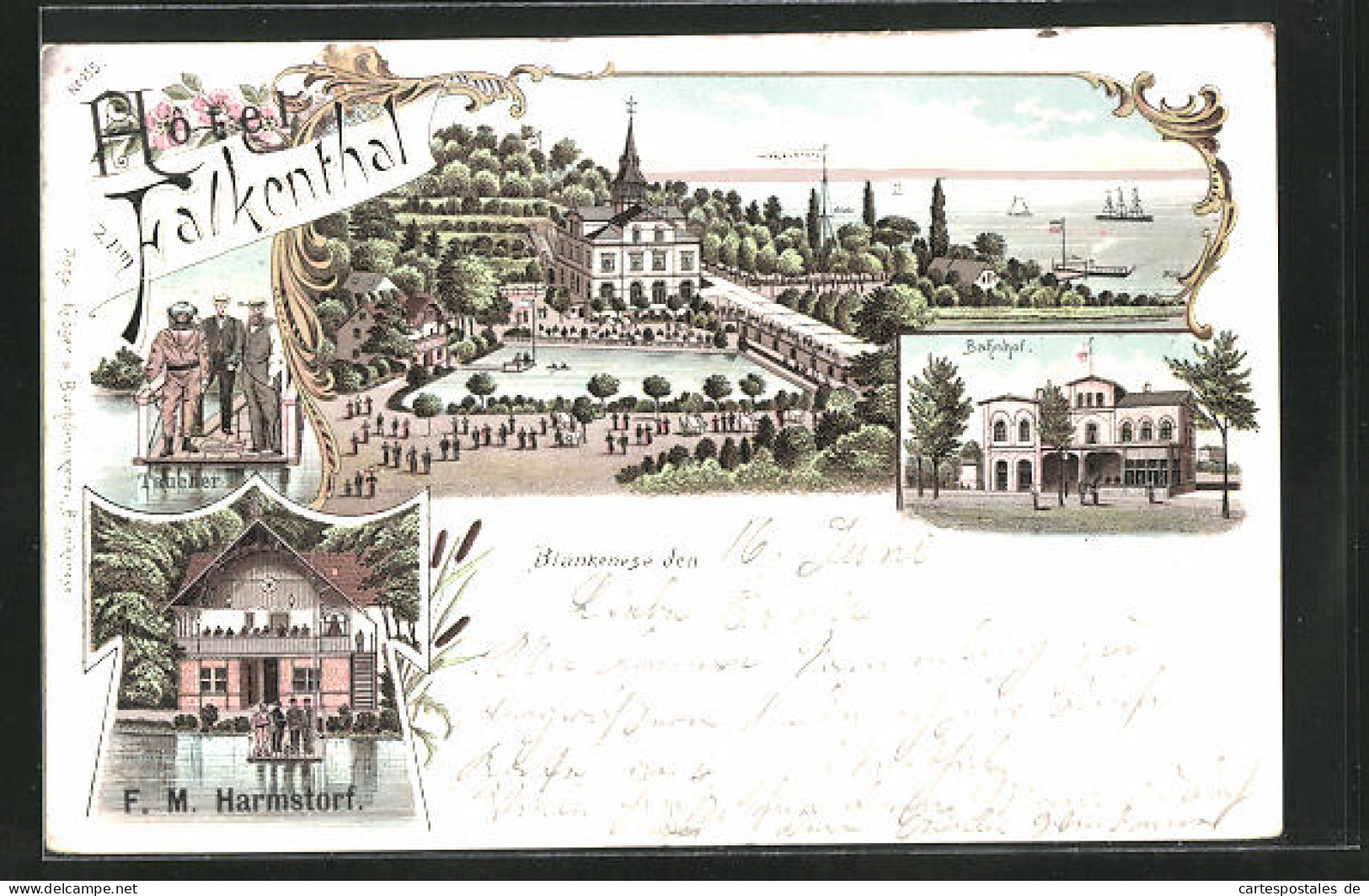 Lithographie Hamburg-Blankenese, Gasthaus Zum Falkenthal, Bahnhof, F. M. Harmstorf  - Blankenese