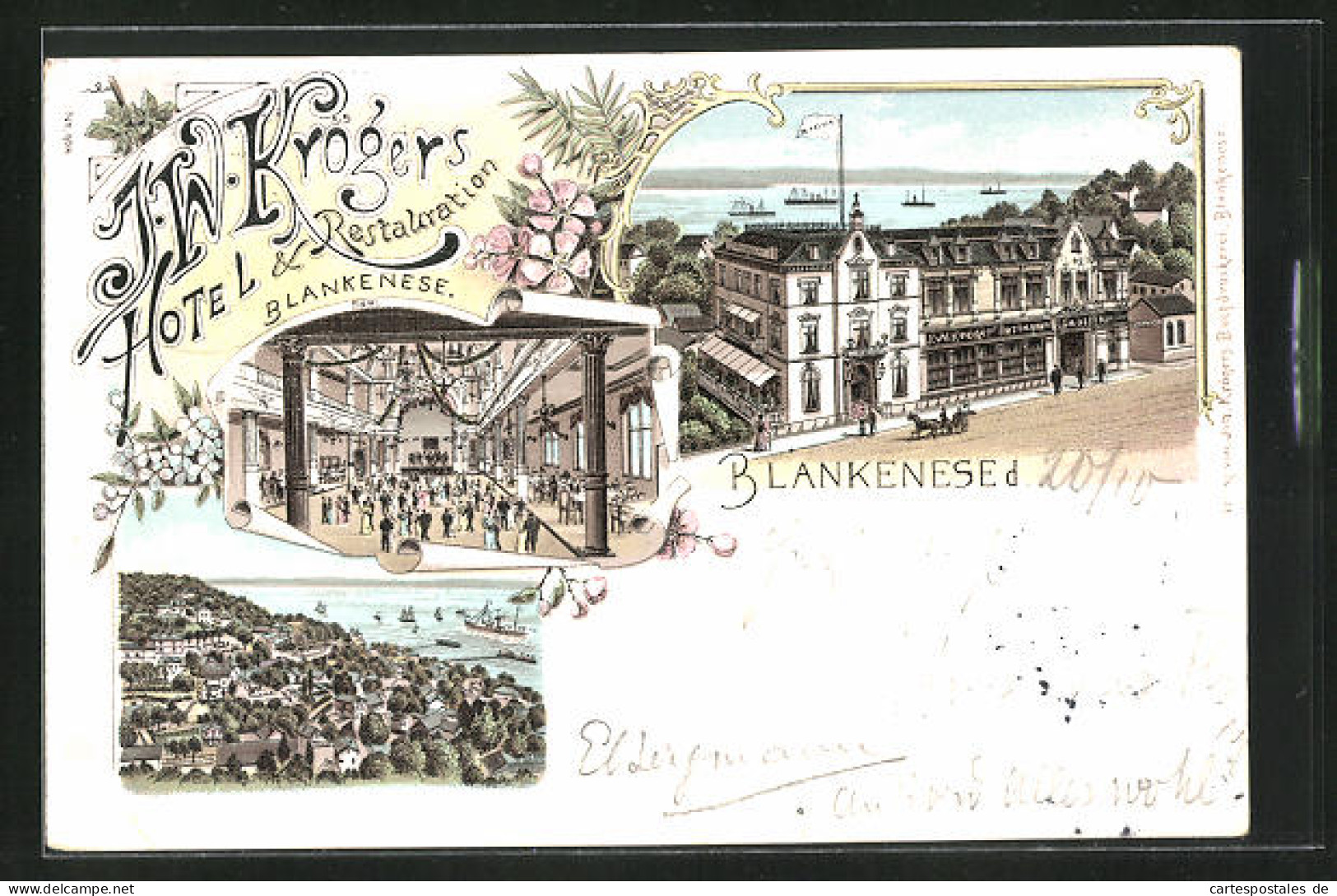 Lithographie Hamburg-Blankenese, Hotel & Restauration Blankenese, Saal Inneres, Teilansicht Mit Booten  - Blankenese