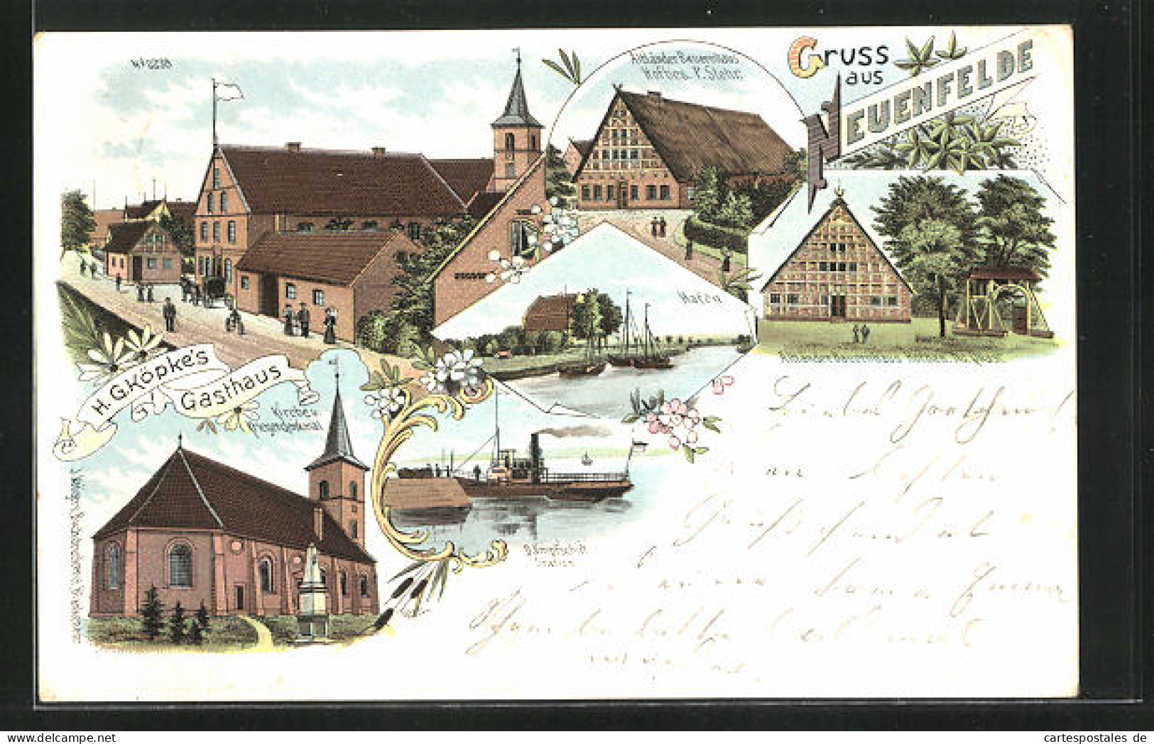 Lithographie Hamburg-Neuenfelde, H. G. Köpke`s Gasthaus, Altländer Bauernhaus, Hafen  - Harburg