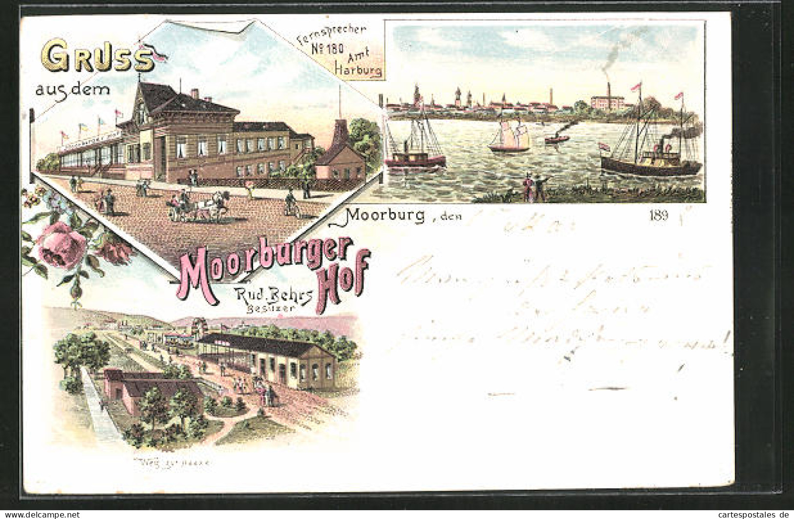 Lithographie Hamburg-Moorburg, Gasthaus Moorburger Hof  - Harburg