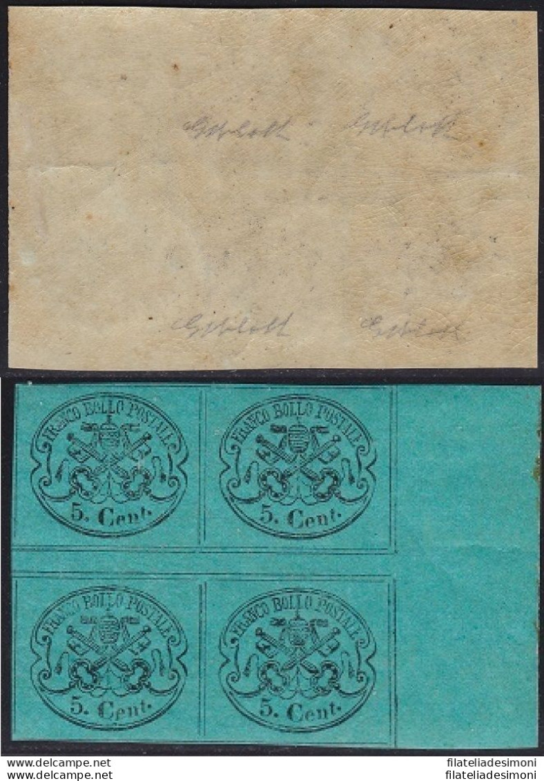 1867 Stato Pontificio, N° 16 5c. Azzurro Verdastro  MNH/** QUARTINA C. Bolaffi - Papal States