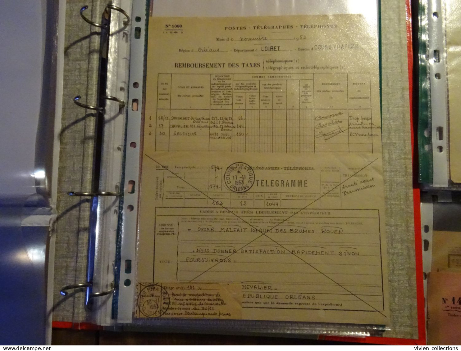 France Cours Pratique Instruction Orléans 1953 Télégramme Annulé Avant Transmission Et Remboursement Des Taxes - Instructional Courses