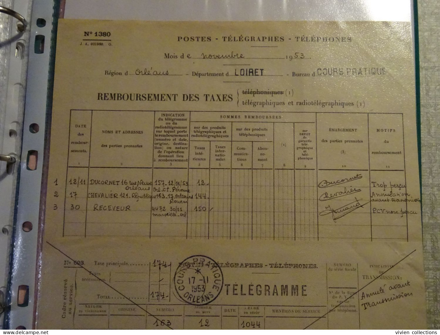 France Cours Pratique Instruction Orléans 1953 Télégramme Annulé Avant Transmission Et Remboursement Des Taxes - Instructional Courses