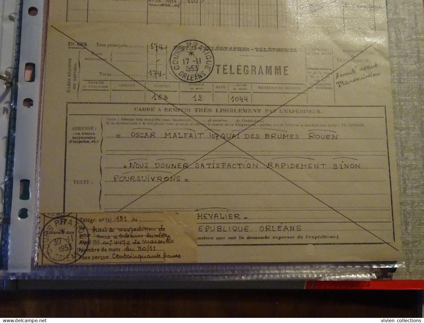 France Cours Pratique Instruction Orléans 1953 Télégramme Annulé Avant Transmission Et Remboursement Des Taxes - Cours D'Instruction