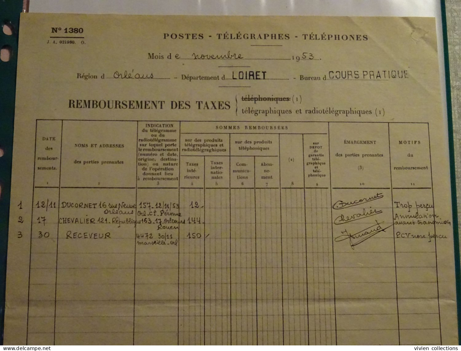 France Cours Pratique Instruction Orléans 1953 Télégramme Annulé Avant Transmission Et Remboursement Des Taxes - Instructional Courses