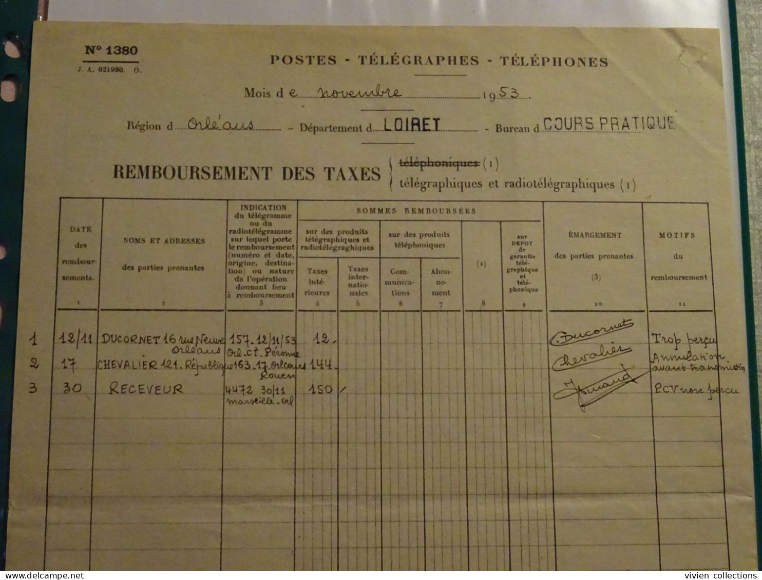 France Cours Pratique Instruction Orléans 1953 Télégramme Annulé Avant Transmission Et Remboursement Des Taxes - Cursussen