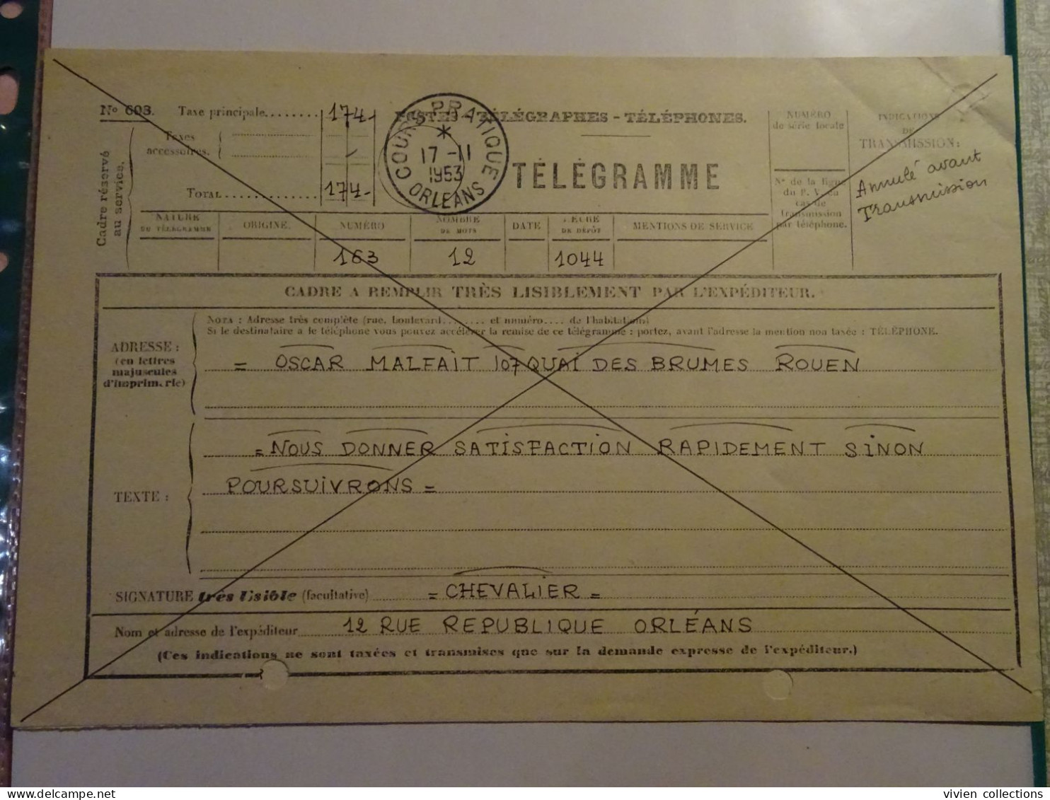 France cours pratique instruction Orléans 1953 télégramme annulé avant transmission et remboursement des taxes