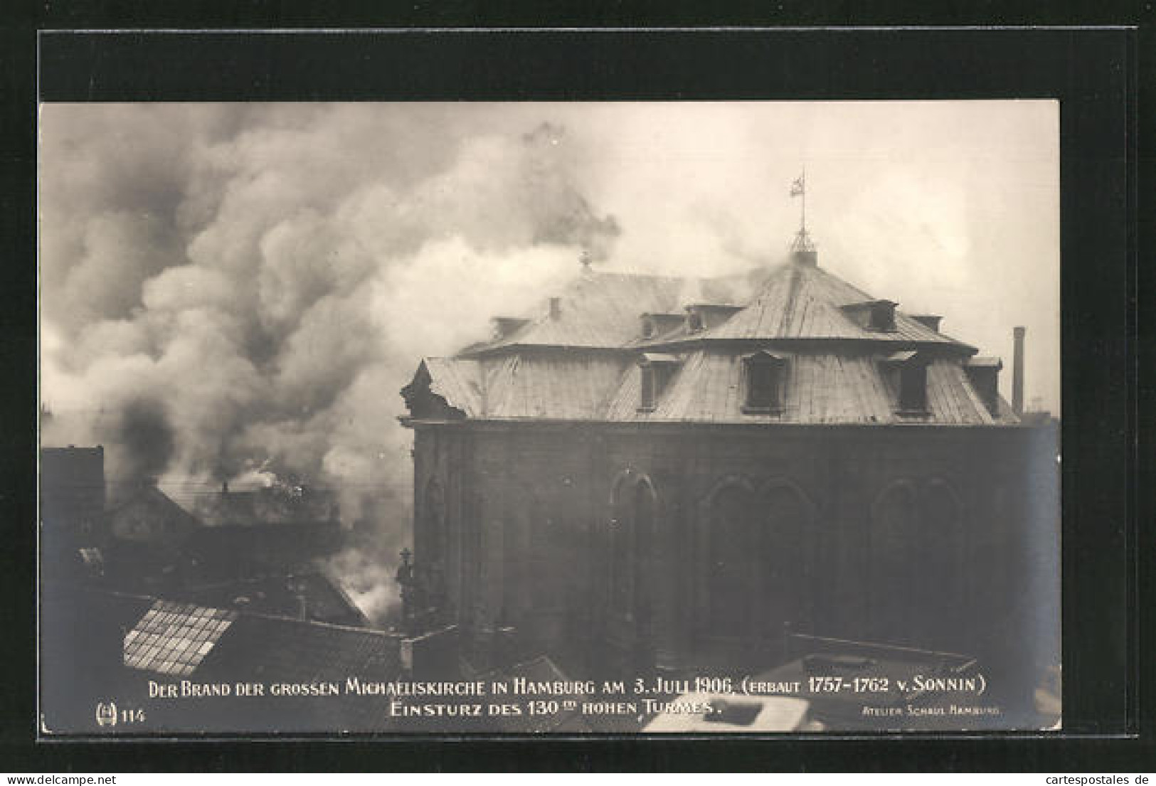 AK Hamburg-Neustadt, Der Brand Der Grossen Michaeliskirche Am 3. Juli 1906, Einsturz Des 130m Hohen Turmes  - Disasters