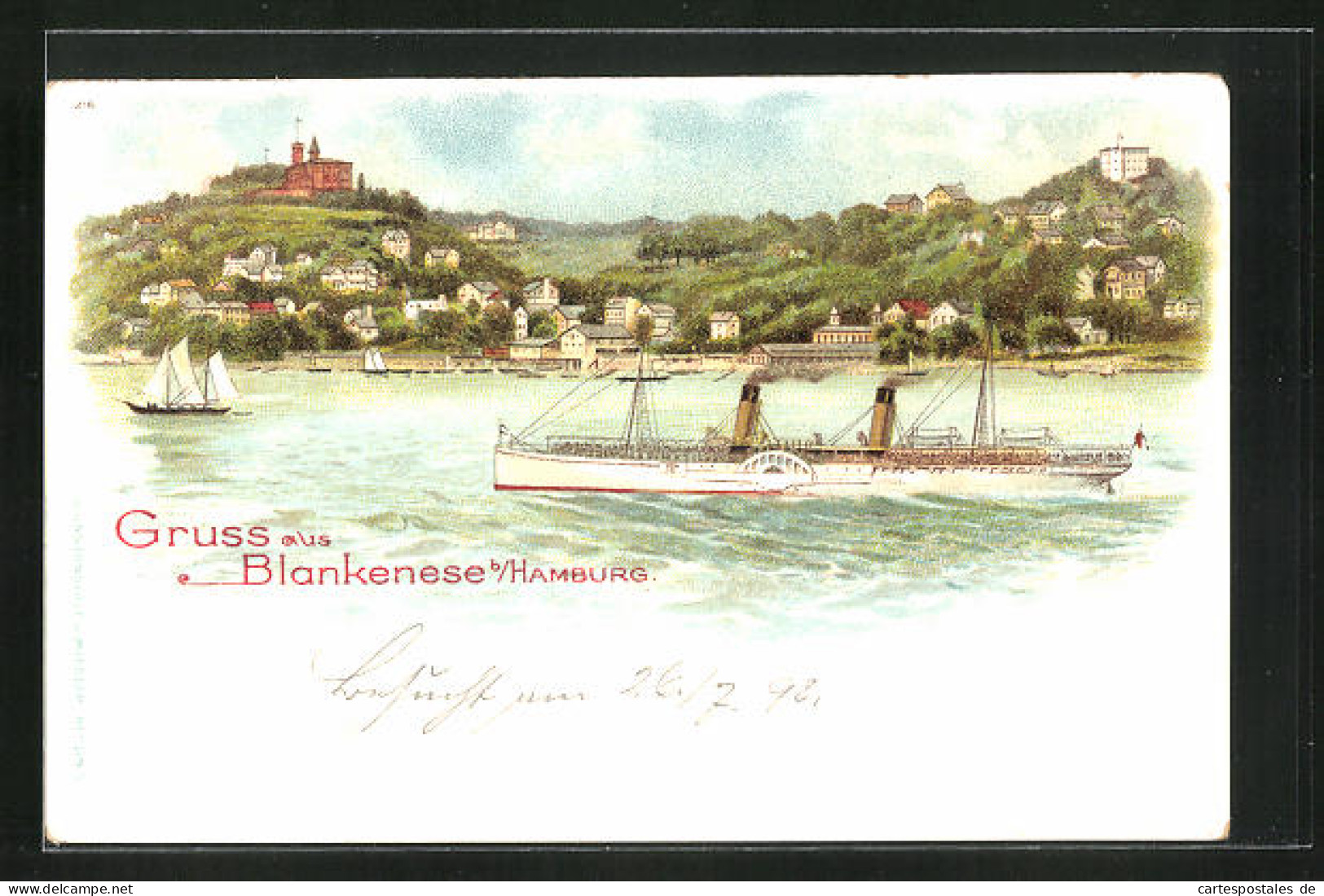 Lithographie Hamburg-Blankenese, Gasthaus Süllberg, Dampfer  - Blankenese