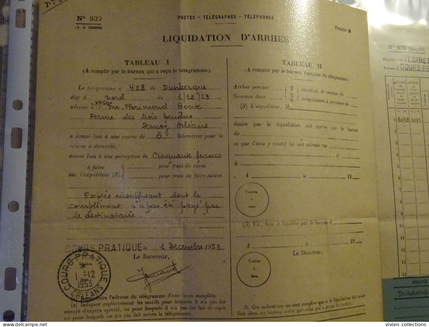 France Cours Pratique Instruction Orléans 1953 Télégramme Semoy Ferme Des 3 Pendus Rôle Liquidation Dépenses Dunkerque - Corsi Di Istruzione