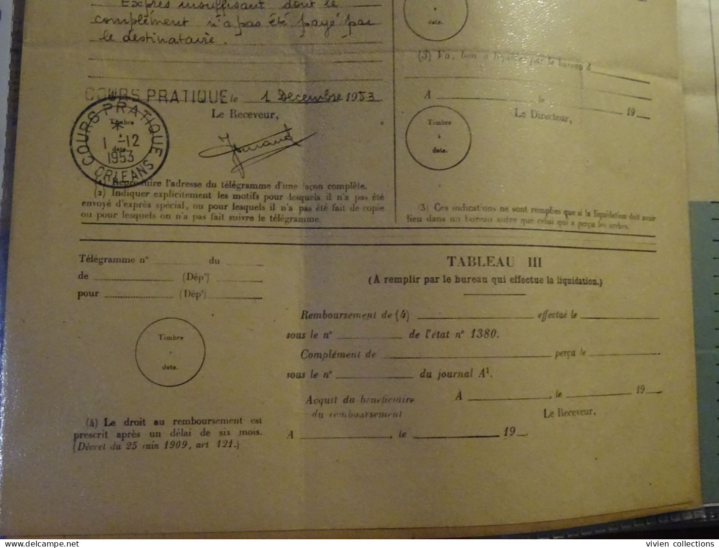 France Cours Pratique Instruction Orléans 1953 Télégramme Semoy Ferme Des 3 Pendus Rôle Liquidation Dépenses Dunkerque - Lehrkurse