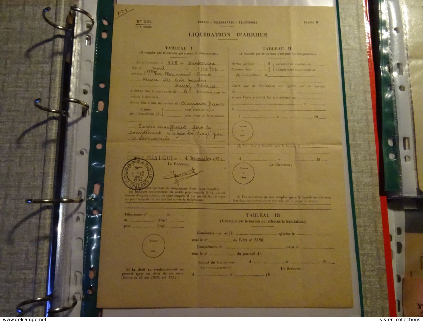 France cours pratique instruction Orléans 1953 télégramme Semoy ferme des 3 pendus rôle liquidation dépenses Dunkerque