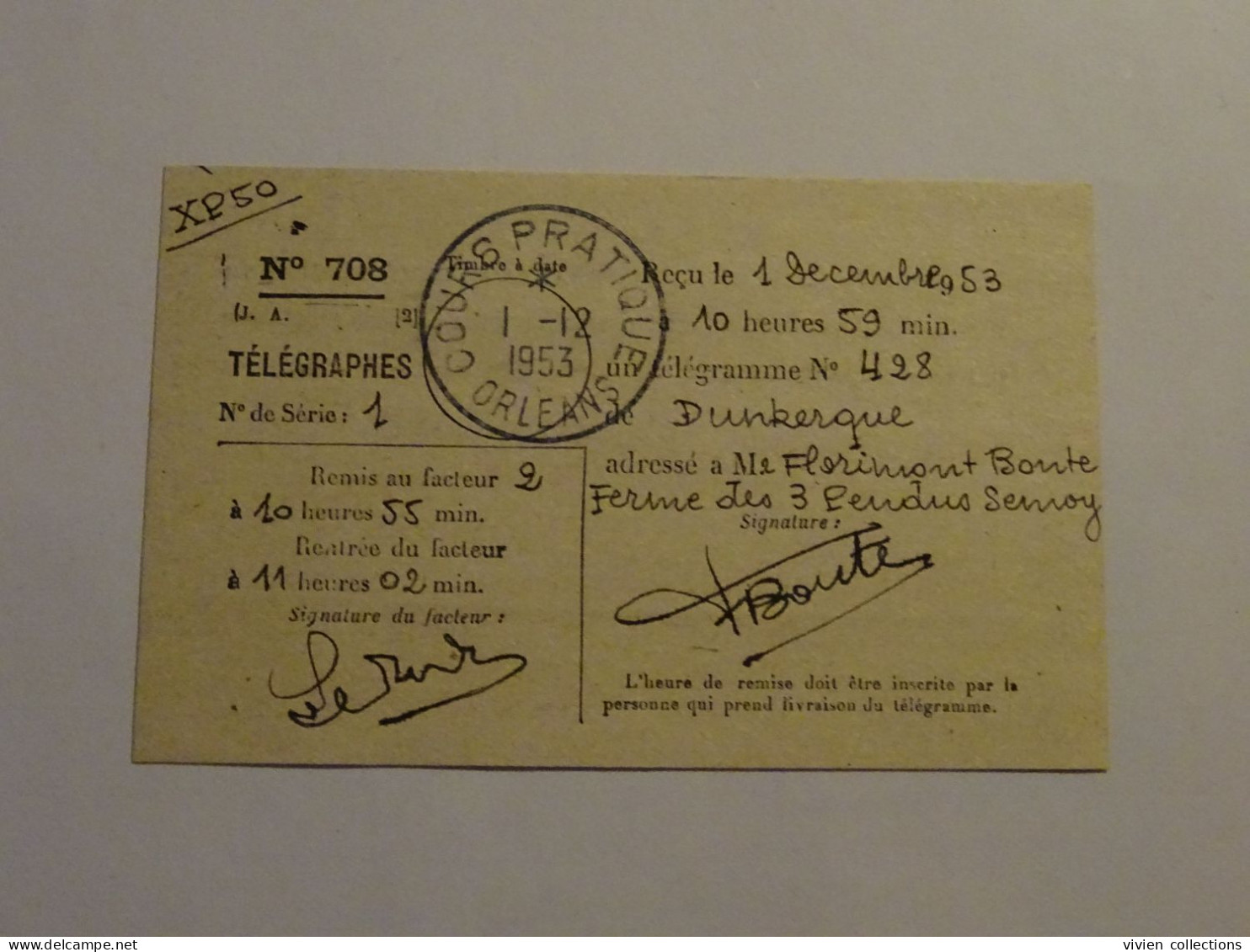 France cours pratique instruction Orléans 1953 télégramme Semoy ferme des 3 pendus rôle liquidation dépenses Dunkerque