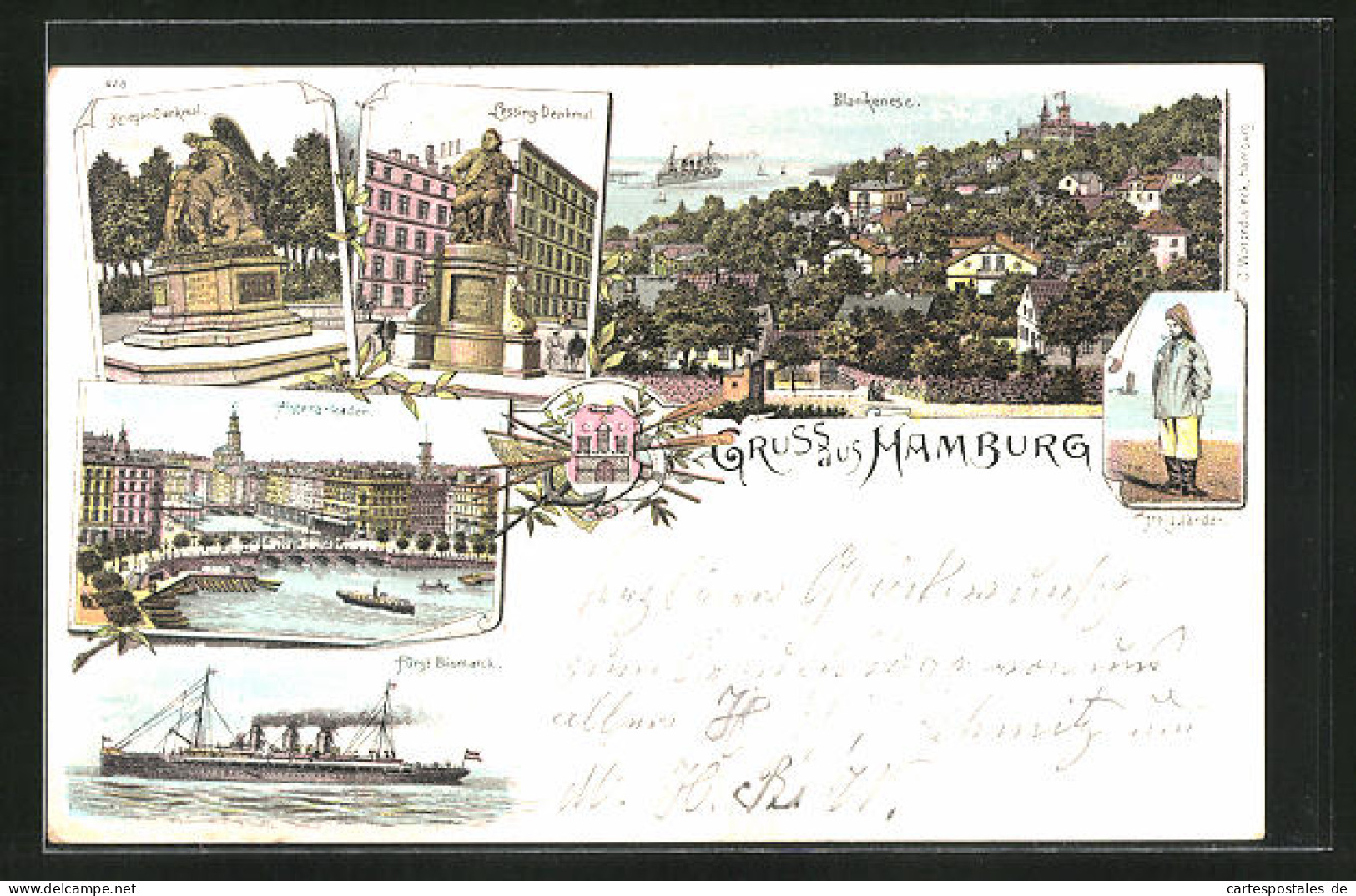 Lithographie Hamburg-Blankenese, Lessing-Denkmal, Dampfschiff Fürst Bismarck, Krieger-Denkmal  - Blankenese