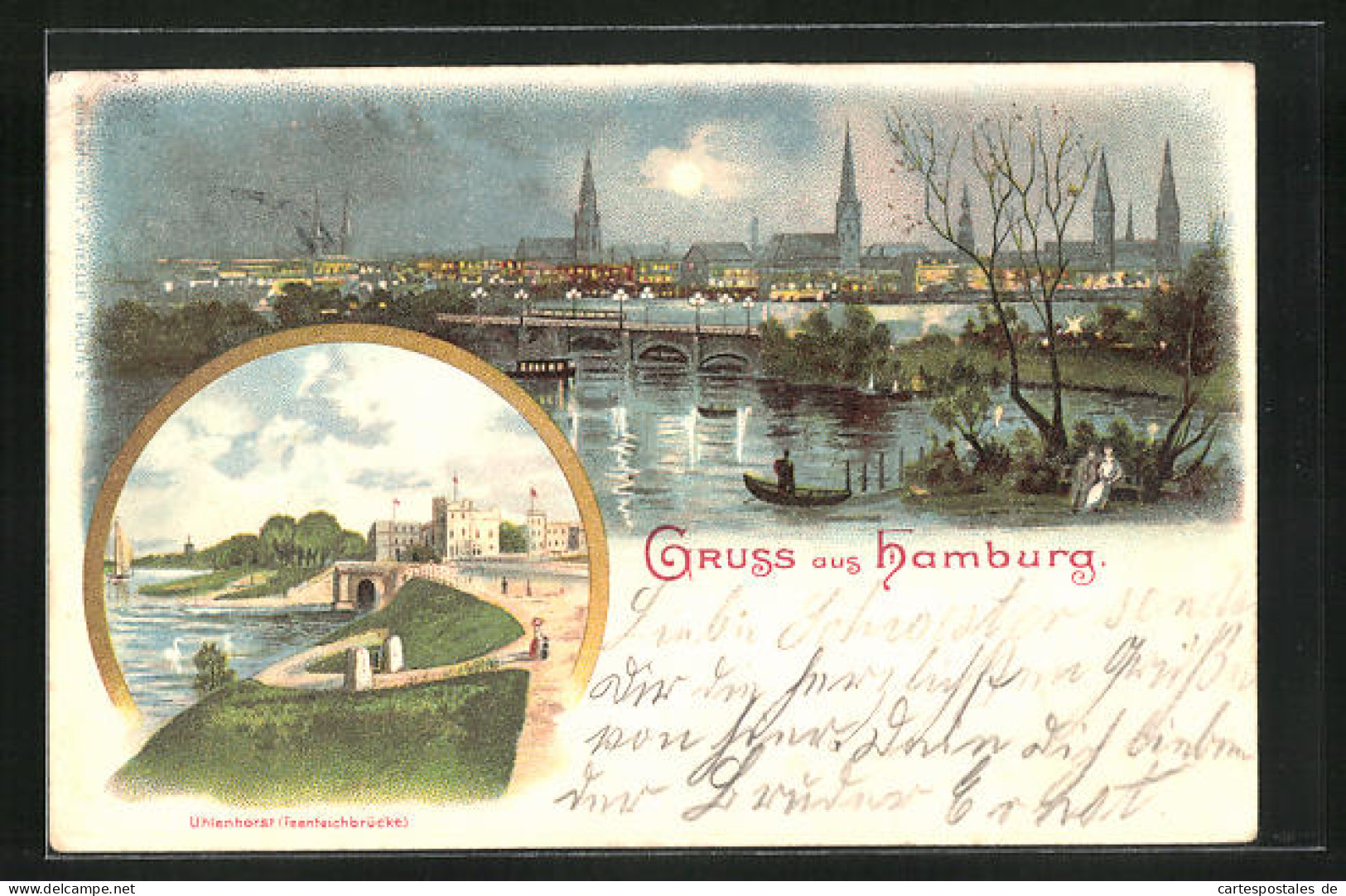 Mondschein-Lithographie Hamburg-Uhlenhorst, Feenteichbrücke Bei Nacht  - Nord