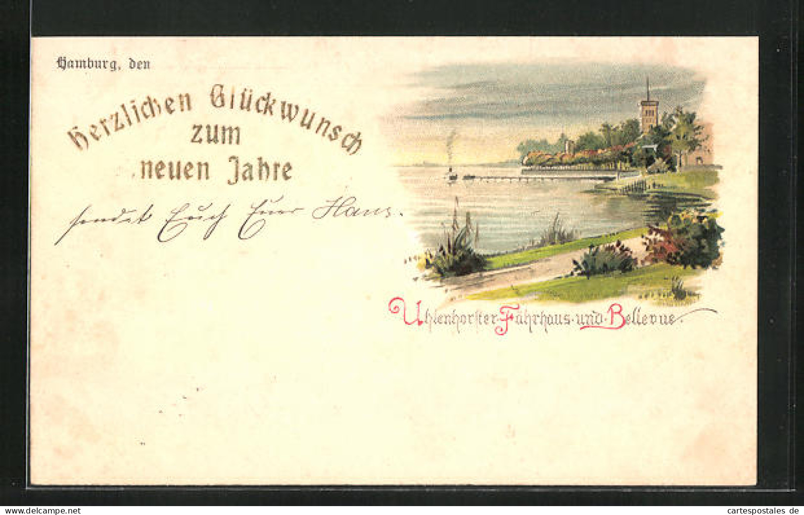 Lithographie Hamburg-Uhlenhorst, Neujahrsgrüsse, Hotel Fährhaus Und Bellevue  - Nord