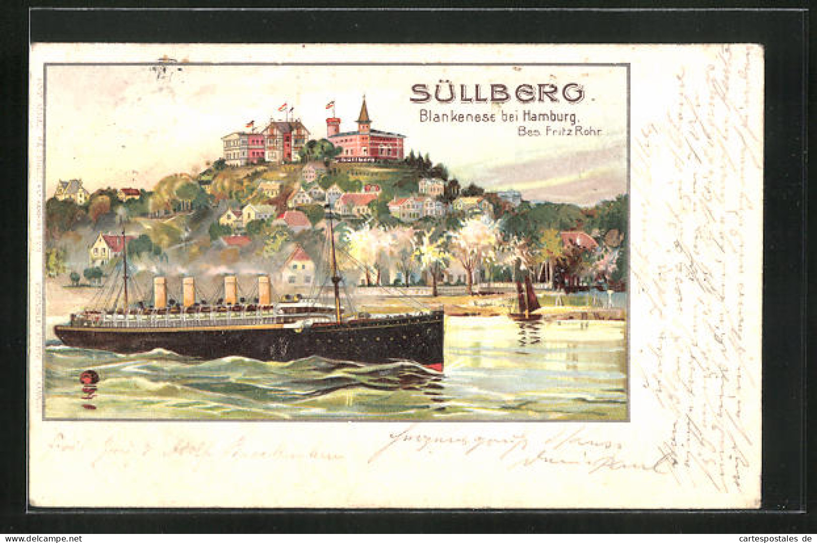 Lithographie Hamburg-Blankenese, Dampfer Auf Der Aslter Am Süllberg  - Blankenese