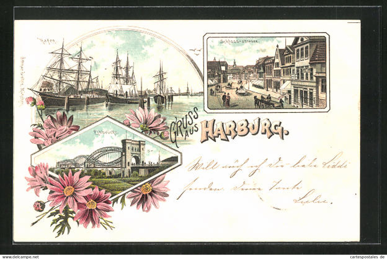 Lithographie Hamburg-Harburg, Hafen, Schloss-Strasse Und Elbbrücke  - Harburg