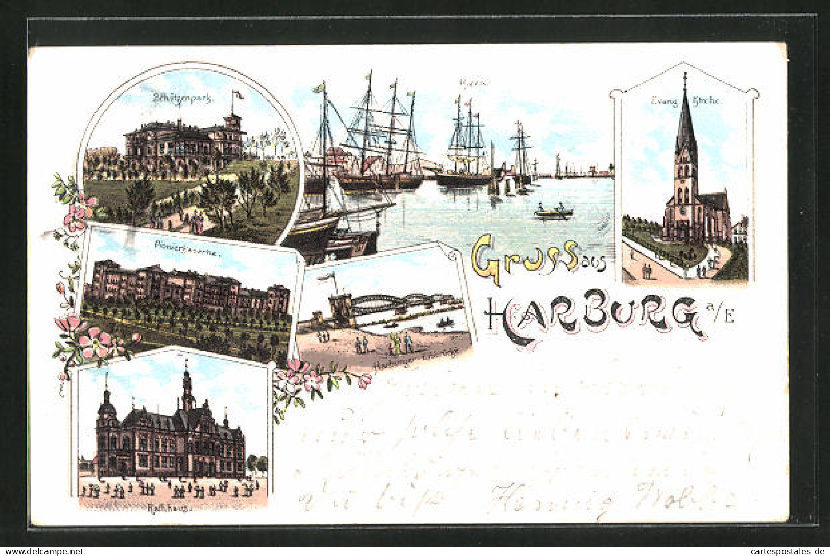 Lithographie Hamburg-Harburg, Hafe, Schützenpark, Pionierkaserne, Rathaus, Evang. Kirche, Elbbrücke  - Harburg