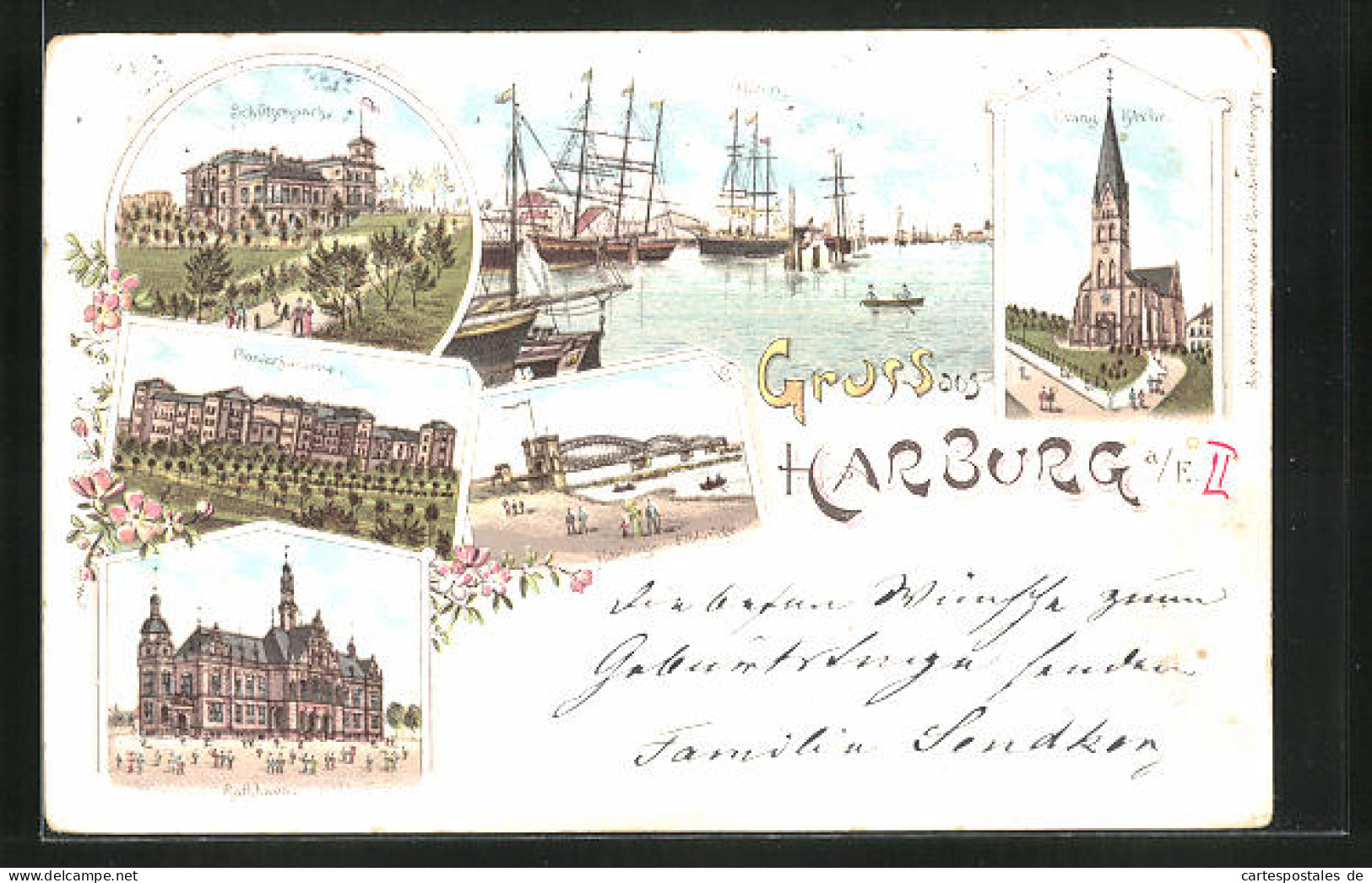 Lithographie Hamburg-Harburg, Hafe, Schützenpark, Pionierkaserne, Elbbrücke, Evang. Kirche  - Harburg