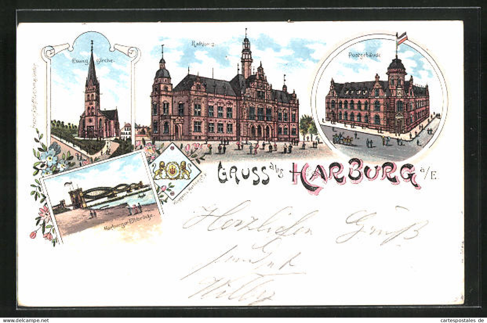 Lithographie Hamburg-Harburg, Partie Am Rathhaus, Postgebäude, Evag. Kirche Und Elbbrücke  - Harburg