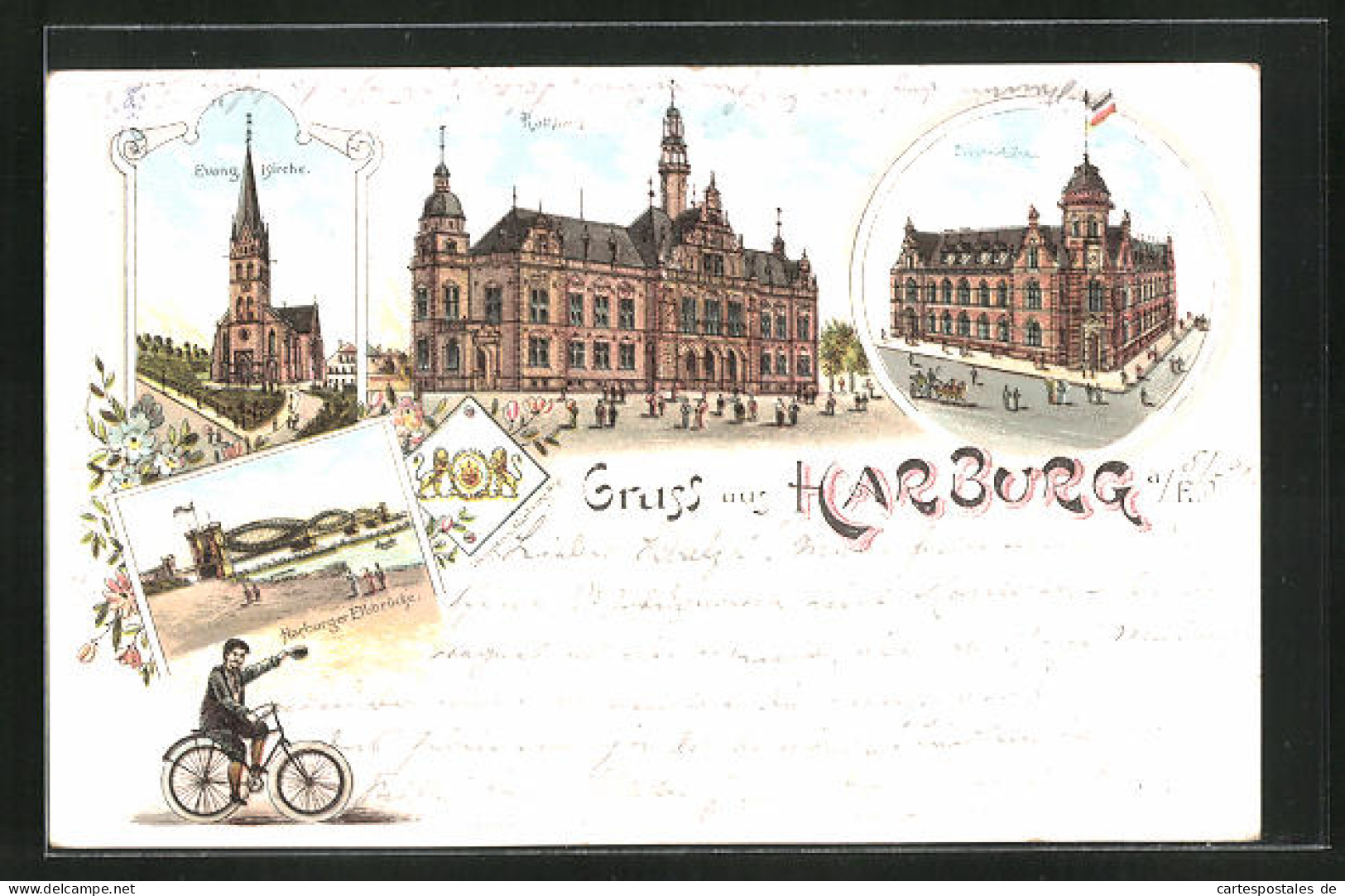 Lithographie Hamburg-Harburg, Rathhaus, Postgebäude, Evag. Kirche, Elbbrücke  - Harburg