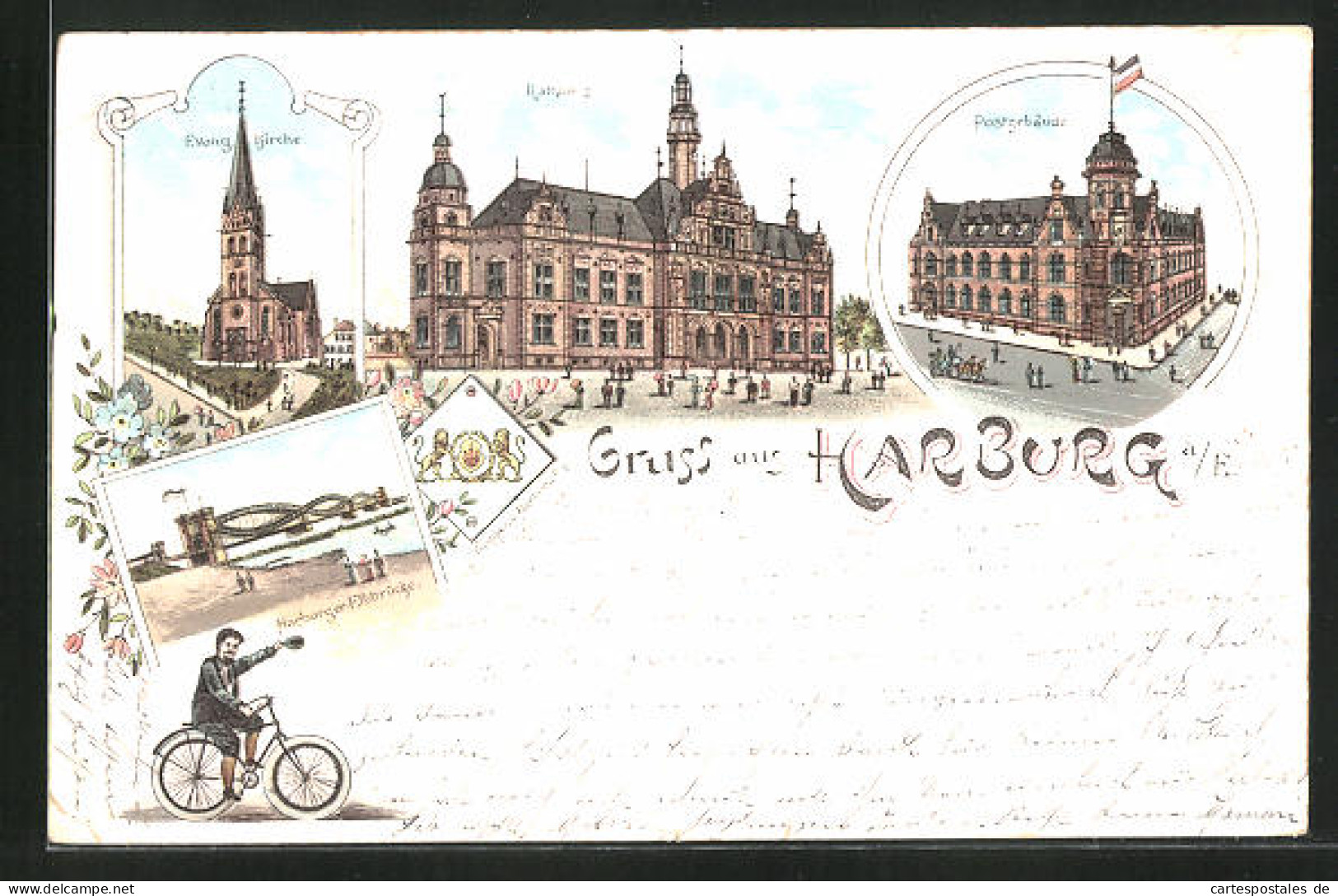 Lithographie Hamburg-Harburg, Postgebäude, Elbbrücke, Rathhaus, Evangelische Kirche  - Harburg