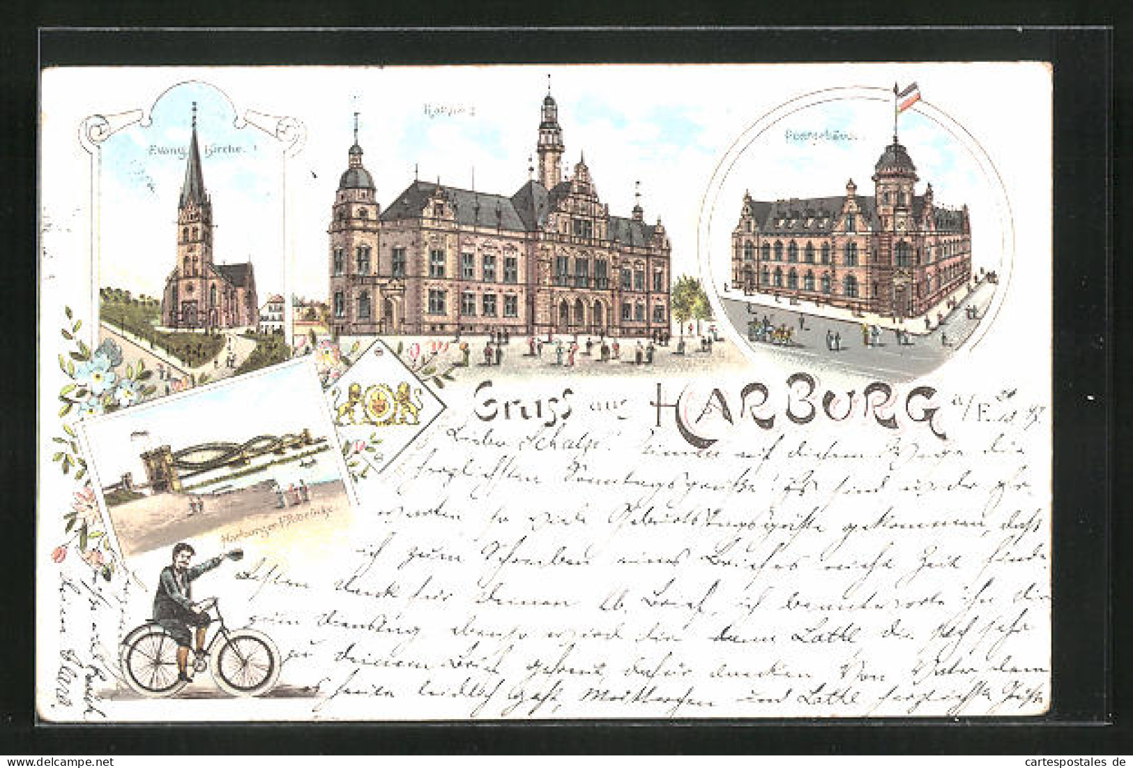 Lithographie Hamburg-Harburg, Elbbrücke, Postgebäude, Rathhaus, Evag. Kirche  - Harburg