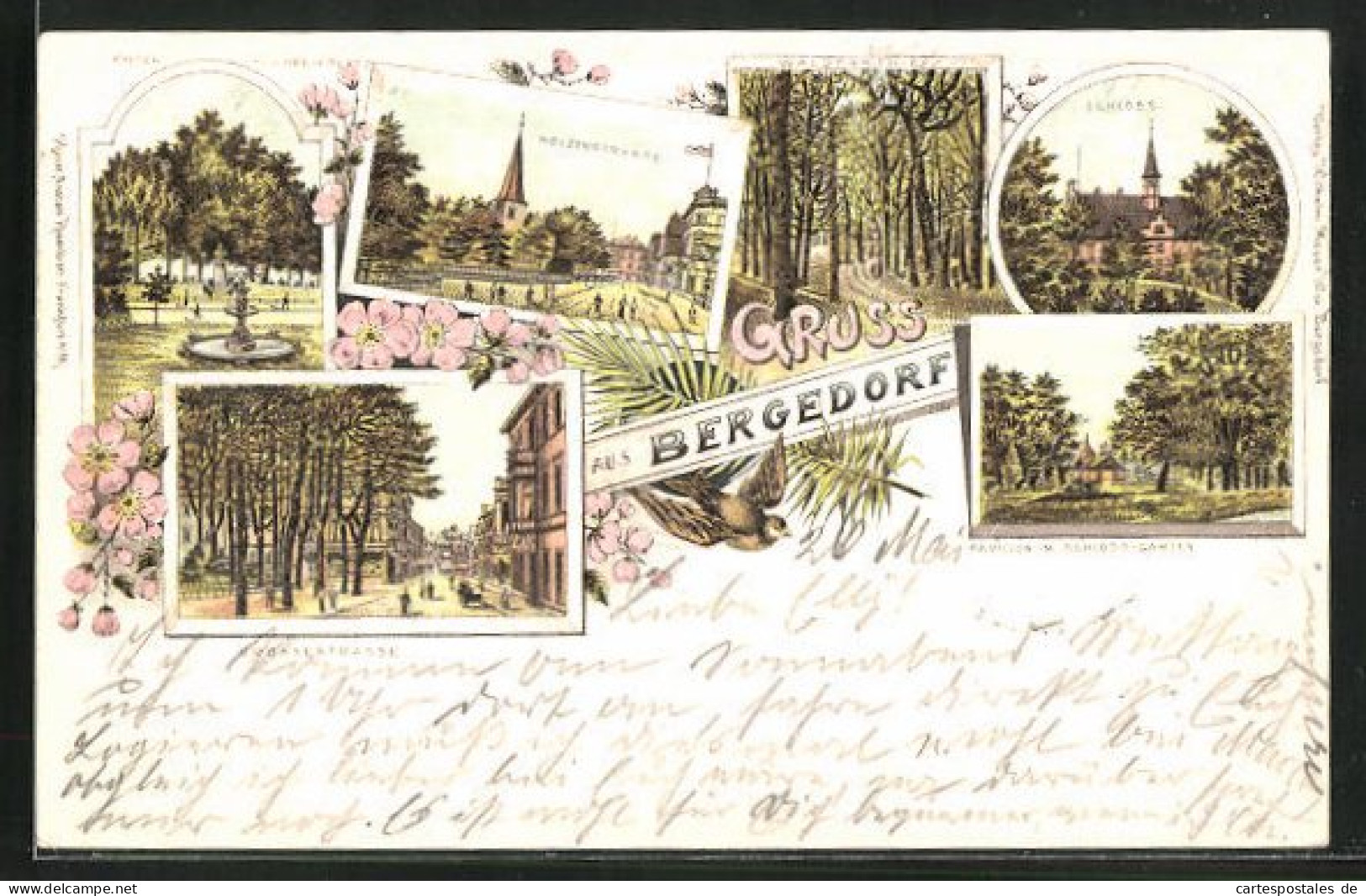 Lithographie Hamburg-Bergedorf, Holzenstrasse, Grossestrasse, Schloss  - Bergedorf