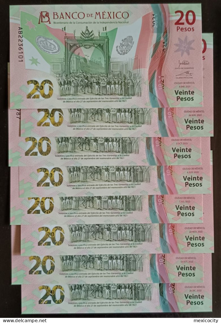 MEXICO $20 POLYMER NOTE + The Complete 8 Dates 2021/2022 Set + BU Mint Crisp Rare Thus - México