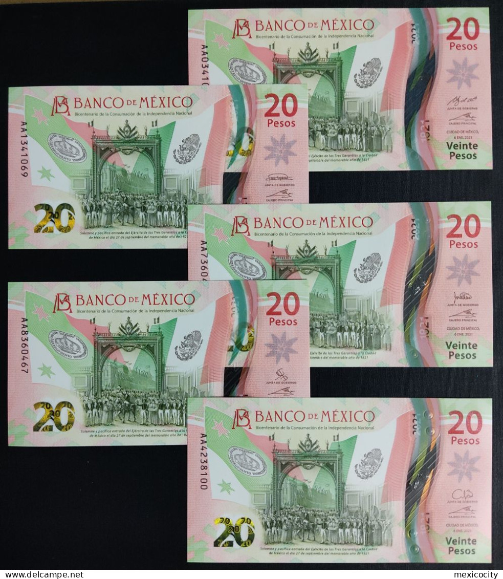 MEXICO 2021 SERIES AA + 5 NOTES Diff. Signatures $20 INDEPENDENCE Bicentenary POLYMER NOTE + Mint Crisp - Messico