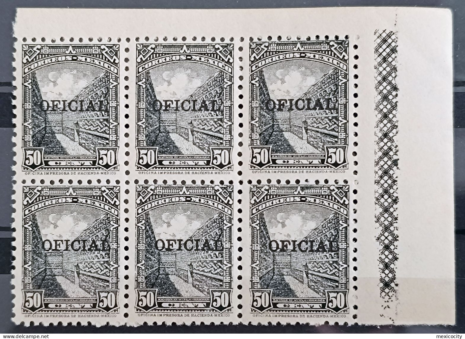 MEXICO 1937 50c. Scott O231 OFFICIAL Service, Small Line Black Ovpt., BLK. 6 Incl. Typo. Vars., Mint NH - Mexico