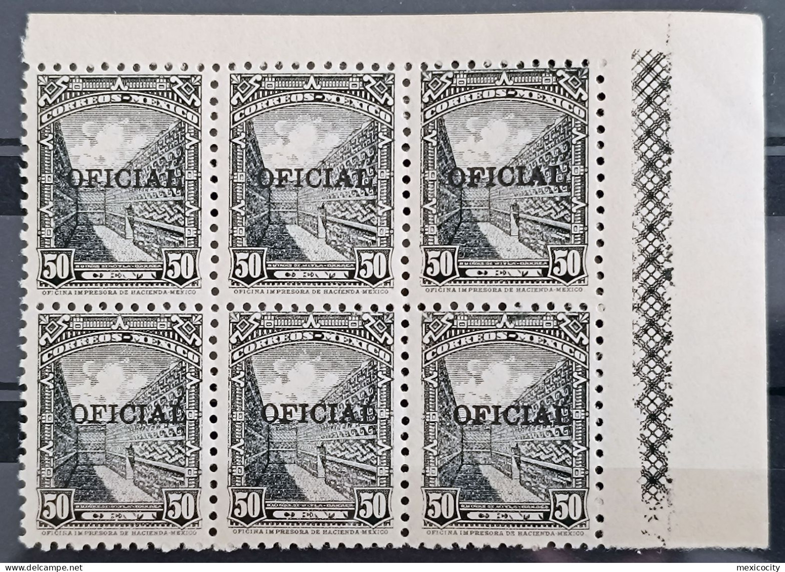 MEXICO 1937 50c. Scott O231 OFFICIAL Service, Small Line Black Ovpt., BLK. 6 Incl. Typo. Vars., Mint NH - Mexique