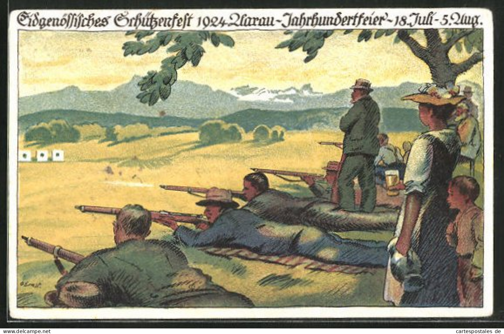 Künstler-AK Aarau, Eidgenössisches Schützenfest -Jahrhunderfeier 1924, Schützen Mit Gewehr  - Hunting