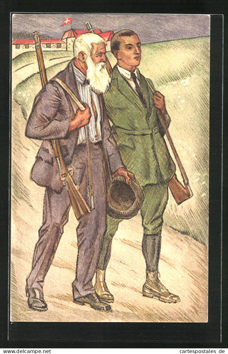 Künstler-AK Schweizerischer Schützenverein 1924, Zwei Schützen Mit Ihren Flinten  - Hunting