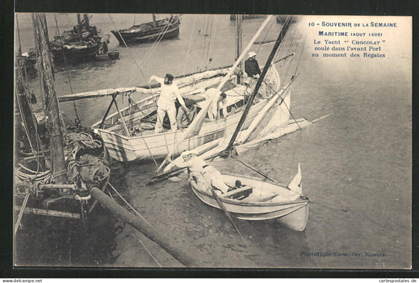 AK Semaine Maritime 1908, Le Yacht Chocolat Coulé Dans L`avant Port Au Moment Des Régates  - Voile