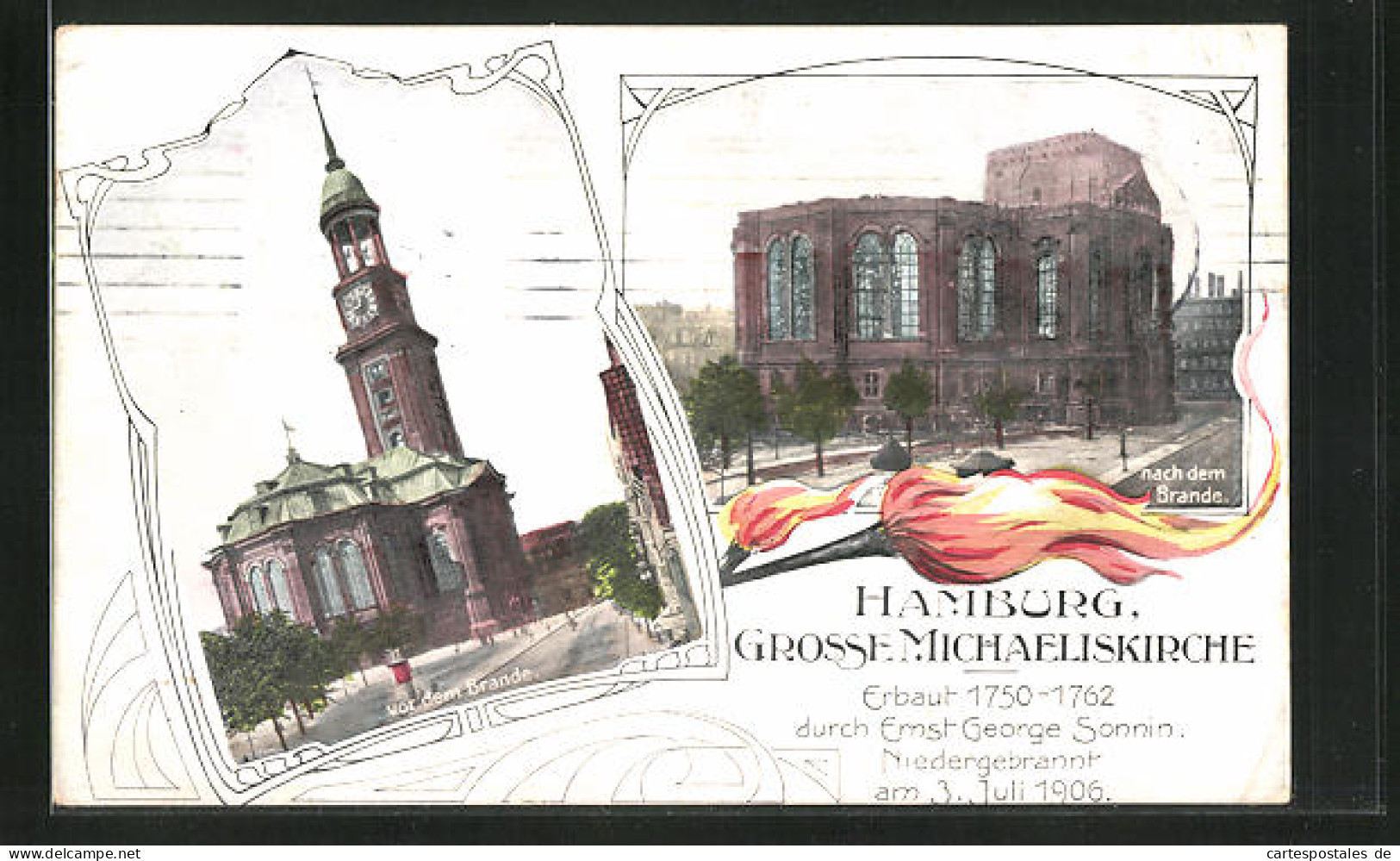 AK Hamburg-Neustadt, Grosse Michaeliskirche, Erbaut 1750-1762, Niedergebrannt 1906  - Catastrophes