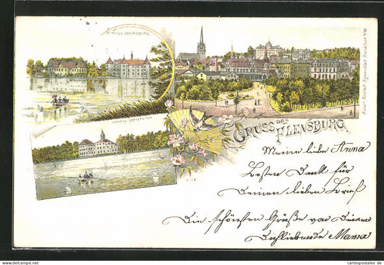 Lithographie Flensburg, Schloss Glücksburg, Schloss Gravenstein  - Gluecksburg
