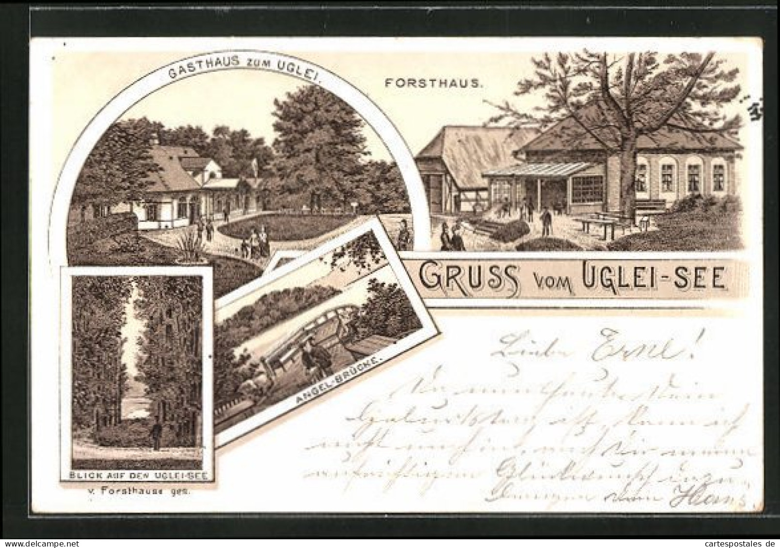 Lithographie Eutin, Gasthaus Zum Uglei, Angel-Brücke, Blick Auf Den Uglei-See  - Eutin