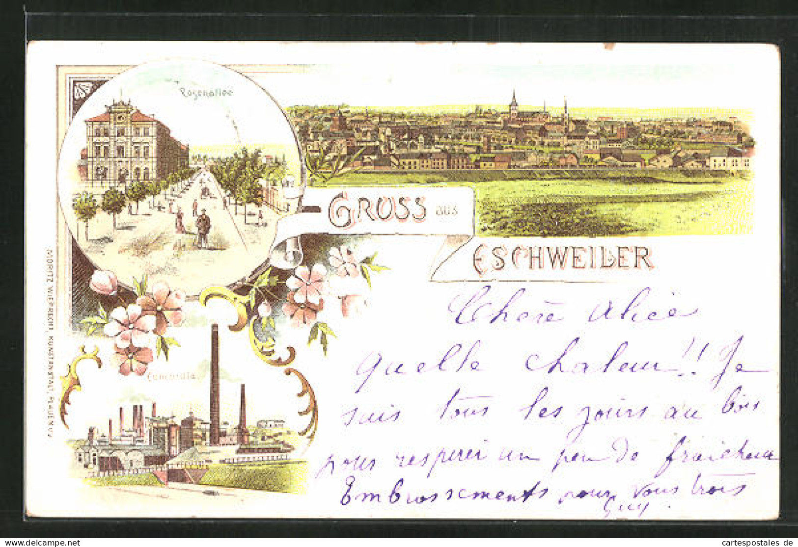 Lithographie Eschweiler, Rosenallee Mit Passanten, Concordia-Fabrik, Gesamtansicht  - Eschweiler