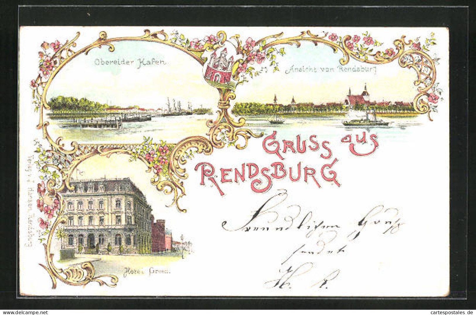 Lithographie Rendsburg, Hotel Green, Obereider Hafen  - Rendsburg