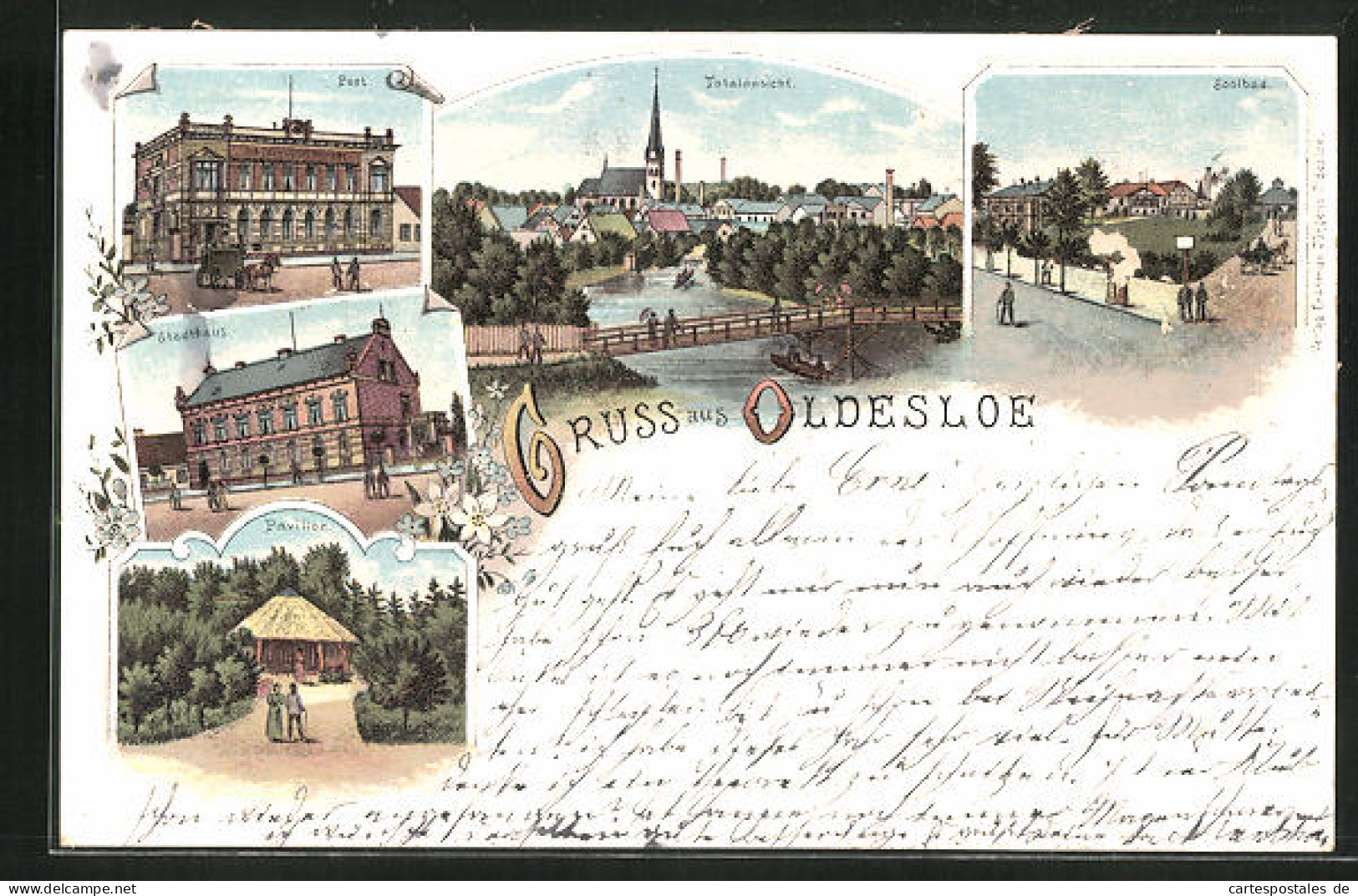 Lithographie Oldesloe, Stadtansicht Der Post, Des Soolbads Und Eines Pavillons  - Bad Oldesloe