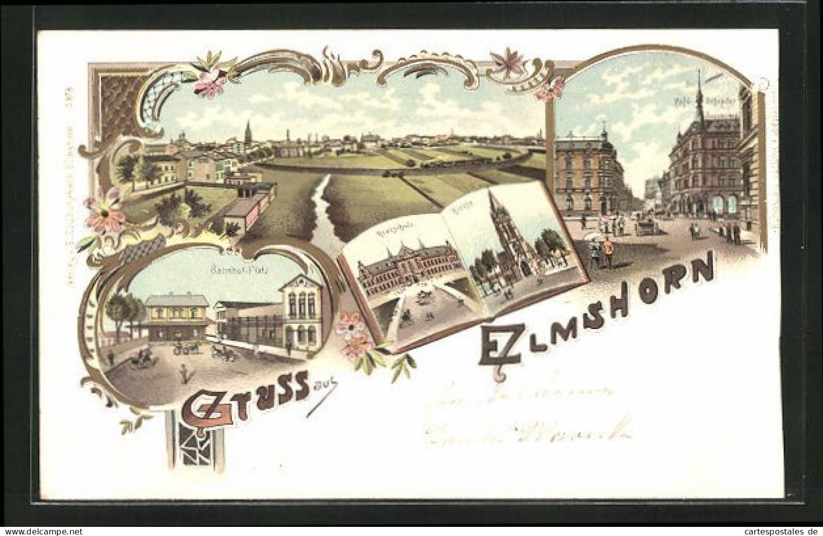 Lithographie Elmshorn, Cafe Schrader Bei Der Königstrasse, Kirche, Realschule  - Elmshorn