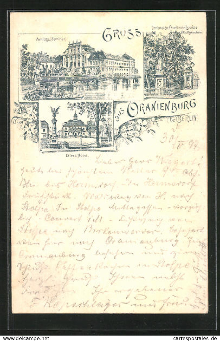 Lithographie Oranienburg, Eilers Hotel, Schloss, Denkmal Der Stadtgründerin Churfürstin Louise  - Oranienburg