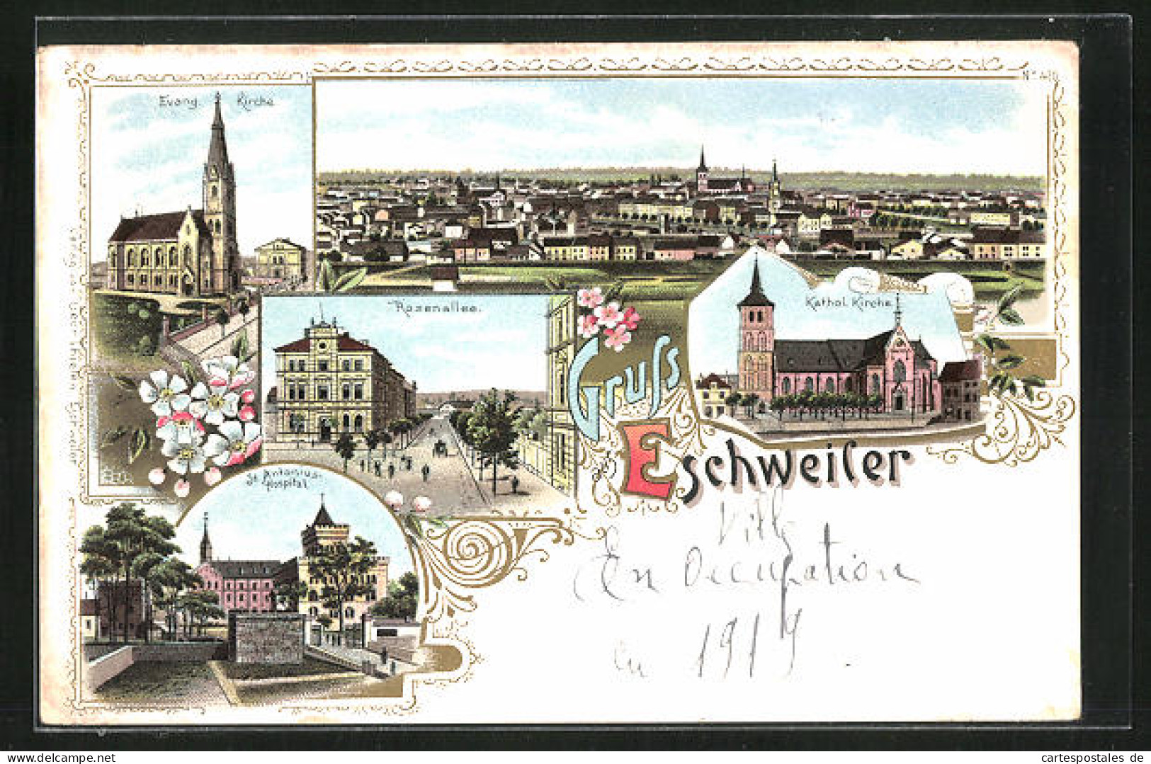 Lithographie Eschweiler, Rosenallee, Kathol. Kirche, St. Antonius-Hospital  - Eschweiler