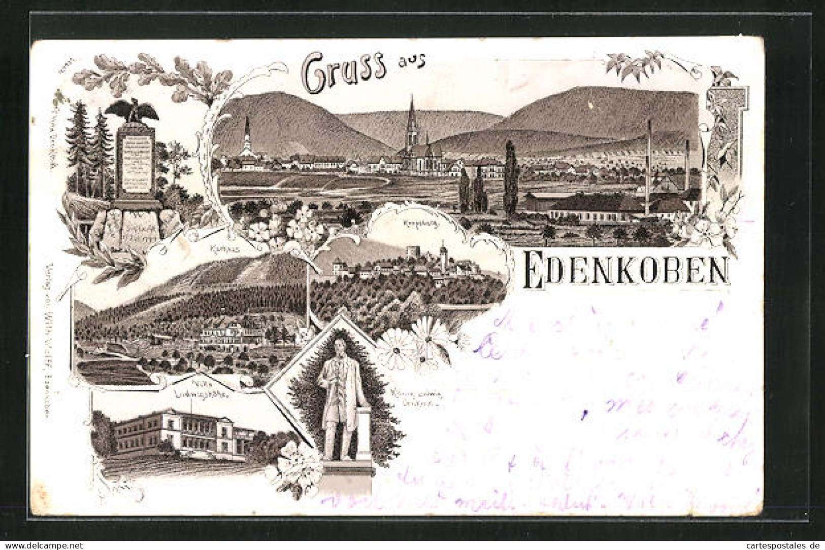 Lithographie Edenkoben, Gasthaus Kurhaus, Villa Ludwigshöhe, Kriegerdenkmal  - Edenkoben
