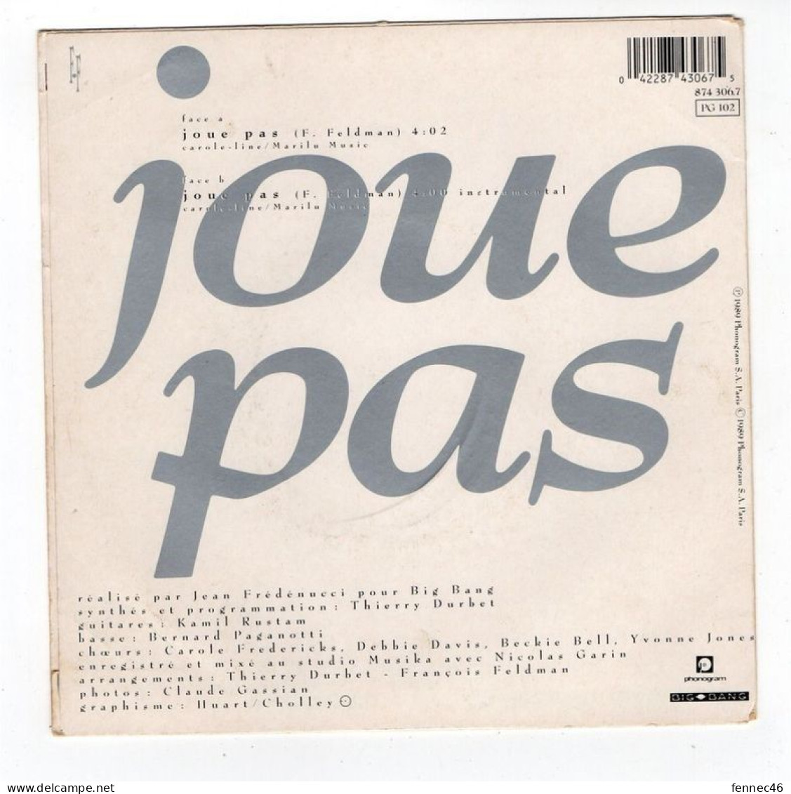 * Vinyle  45T - François Feldman Et Joniece Jamison - Joue Pas + Instrumental - Other - French Music