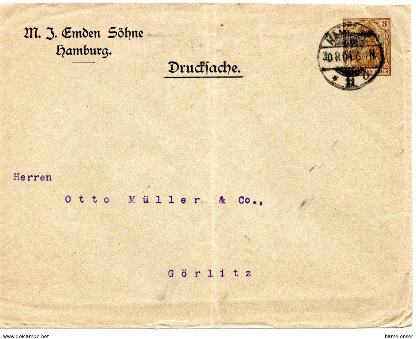 63700 - Deutsches Reich - 1904 - 3Pfg Germania PGAU (senkr Bug) "M.J.Emden" HAMBURG -> Goerlitz - Covers