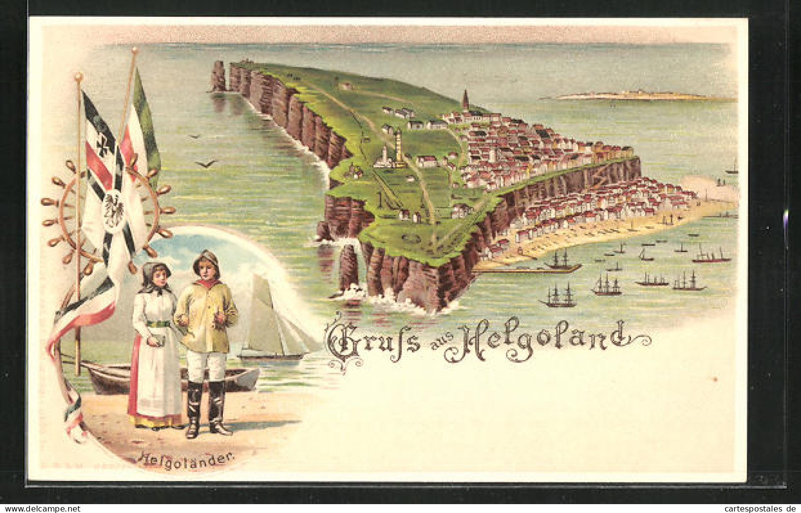 Lithographie Helgoland, Helgoländer, Totalansicht  - Helgoland